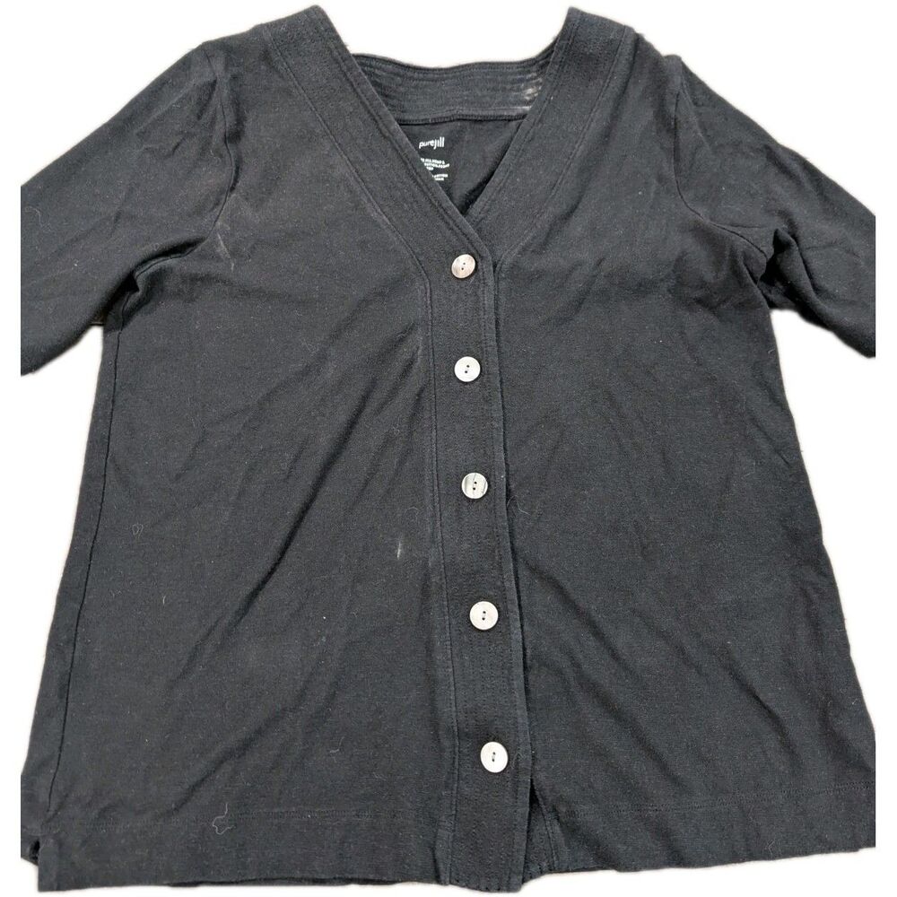 PURE JILL Womens Mediu. Hemp and Cotton Short Sleeve‎ Black Button Front Top